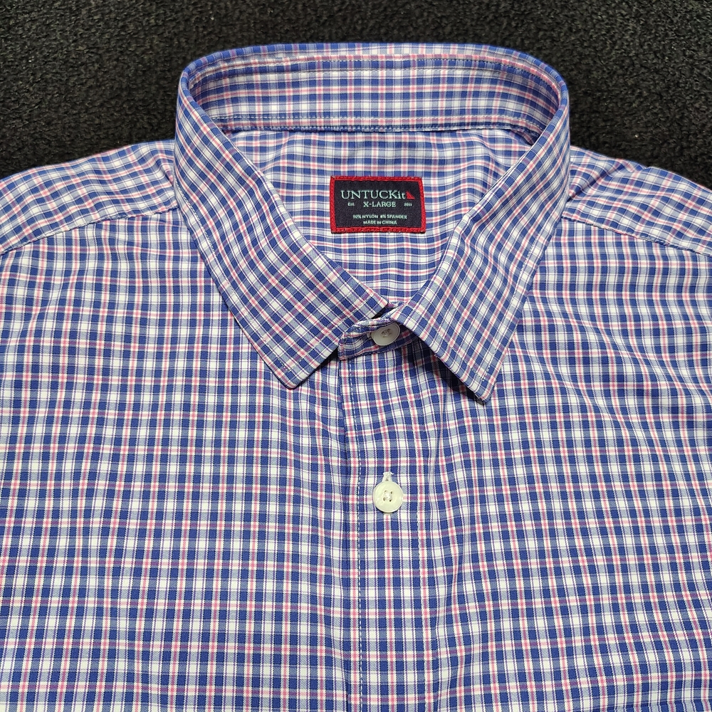 Untuckit Cassini Pink Blue Plaid Checkered Button Up Shirt Mens XL Extra Large